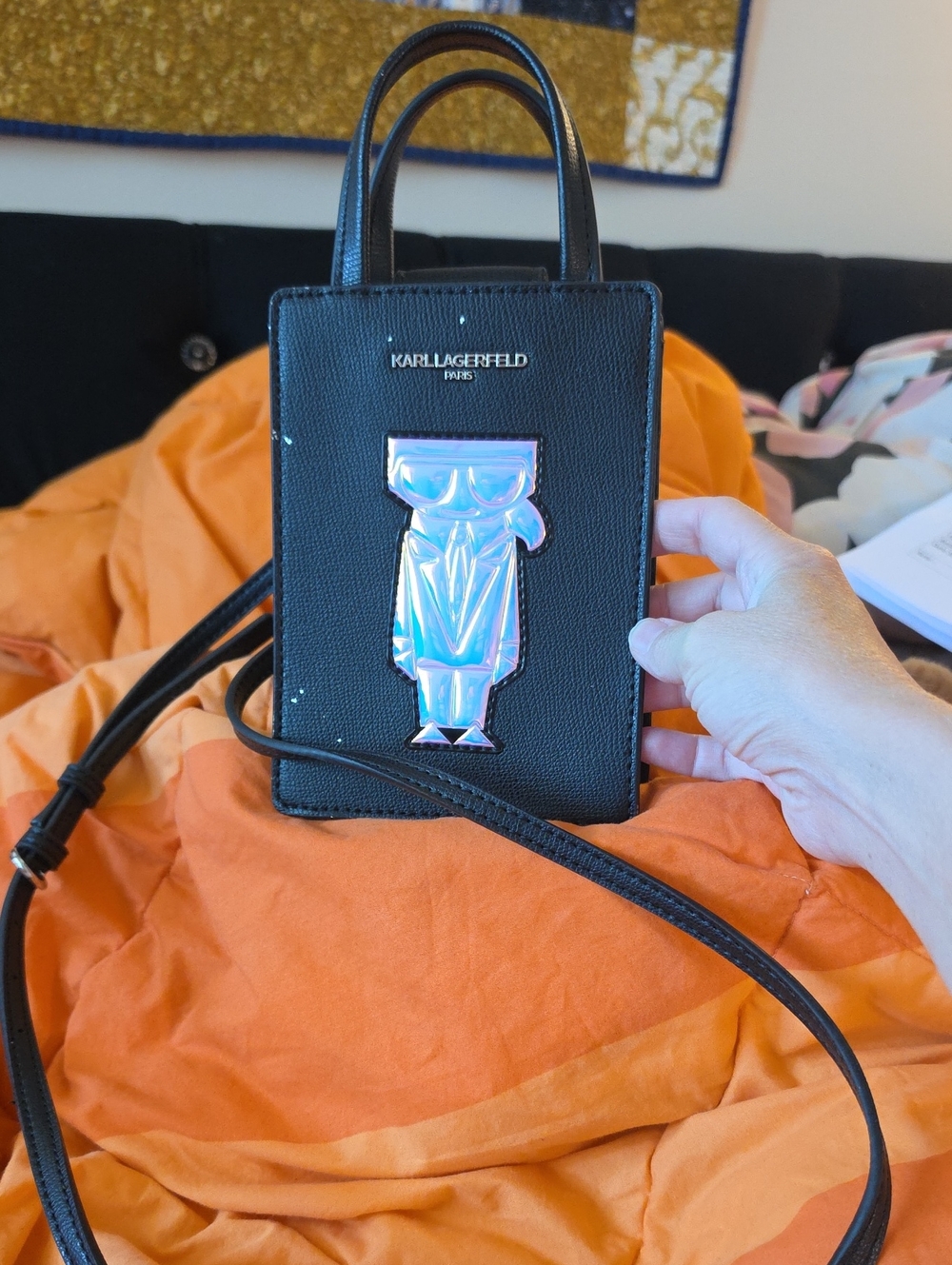 Karl Lagerfeld Black Leather Mini Tote with Iridescent Karl Icon